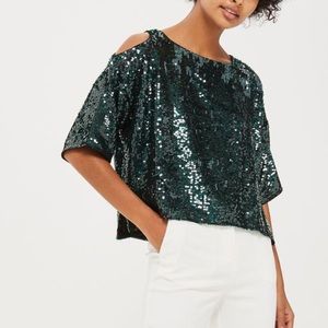 TOPSHOP emerald green sequin cold-shoulder top